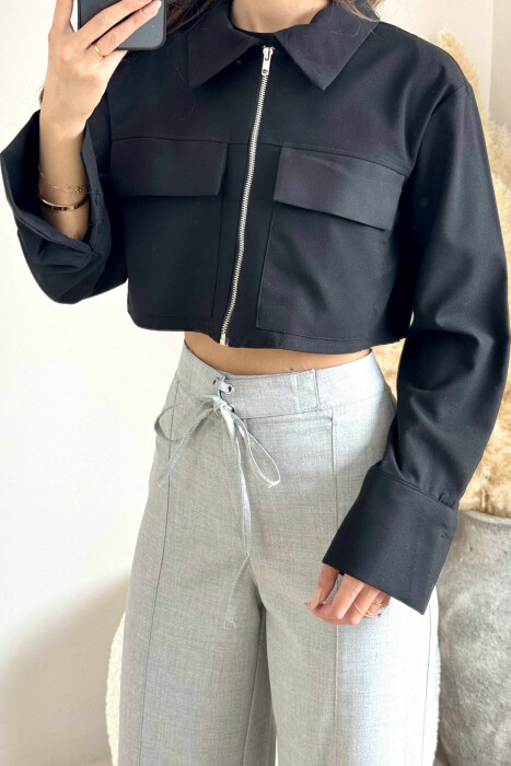 ZIPPER CROPPED ONE COLOR WOMEN JACKET BLACK/ E ZEZE - 2