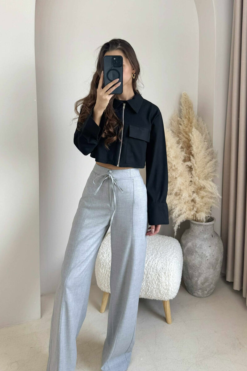 ZIPPER CROPPED ONE COLOR WOMEN JACKET BLACK/ E ZEZE - 4