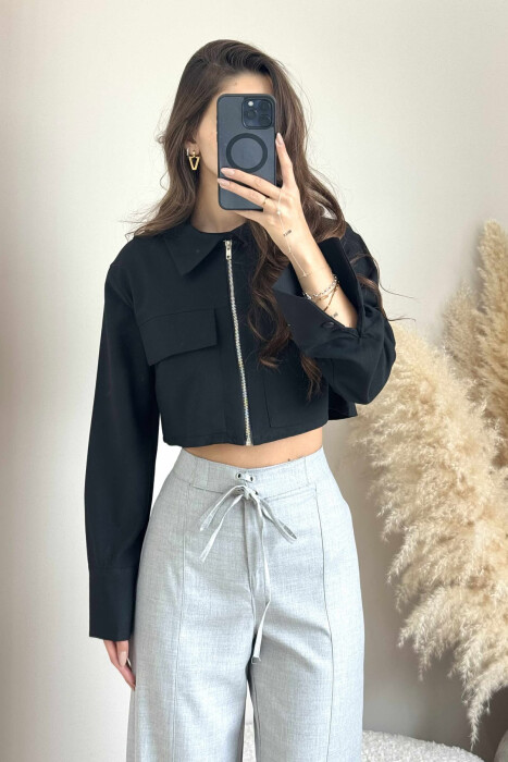 ZIPPER CROPPED ONE COLOR WOMEN JACKET BLACK/ E ZEZE 