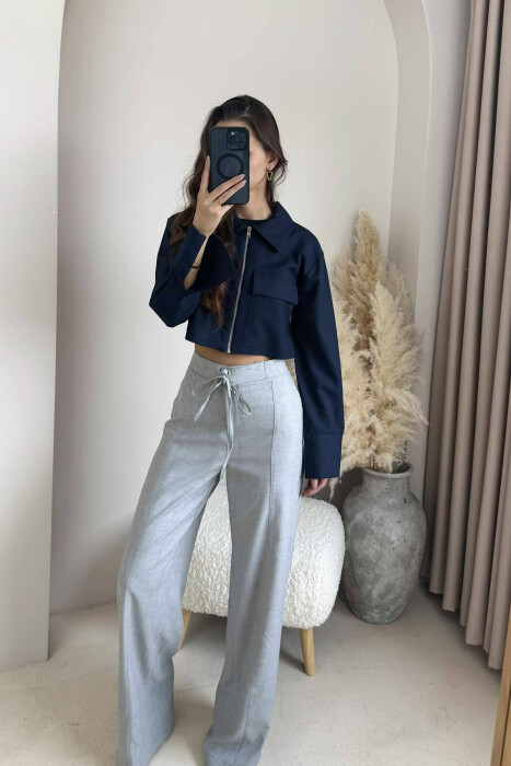 ZIPPER CROPPED ONE COLOR WOMEN JACKET DARK BLUE/BEE - 1