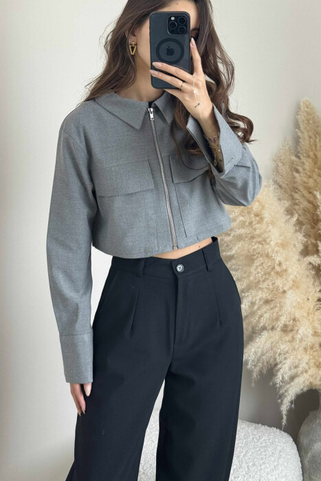 ZIPPER CROPPED ONE COLOR WOMEN JACKET GREY/GRI - 2