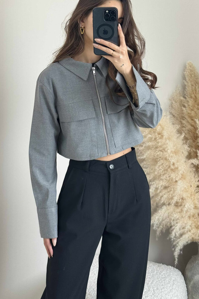 ZIPPER CROPPED ONE COLOR WOMEN JACKET GREY/GRI - 2