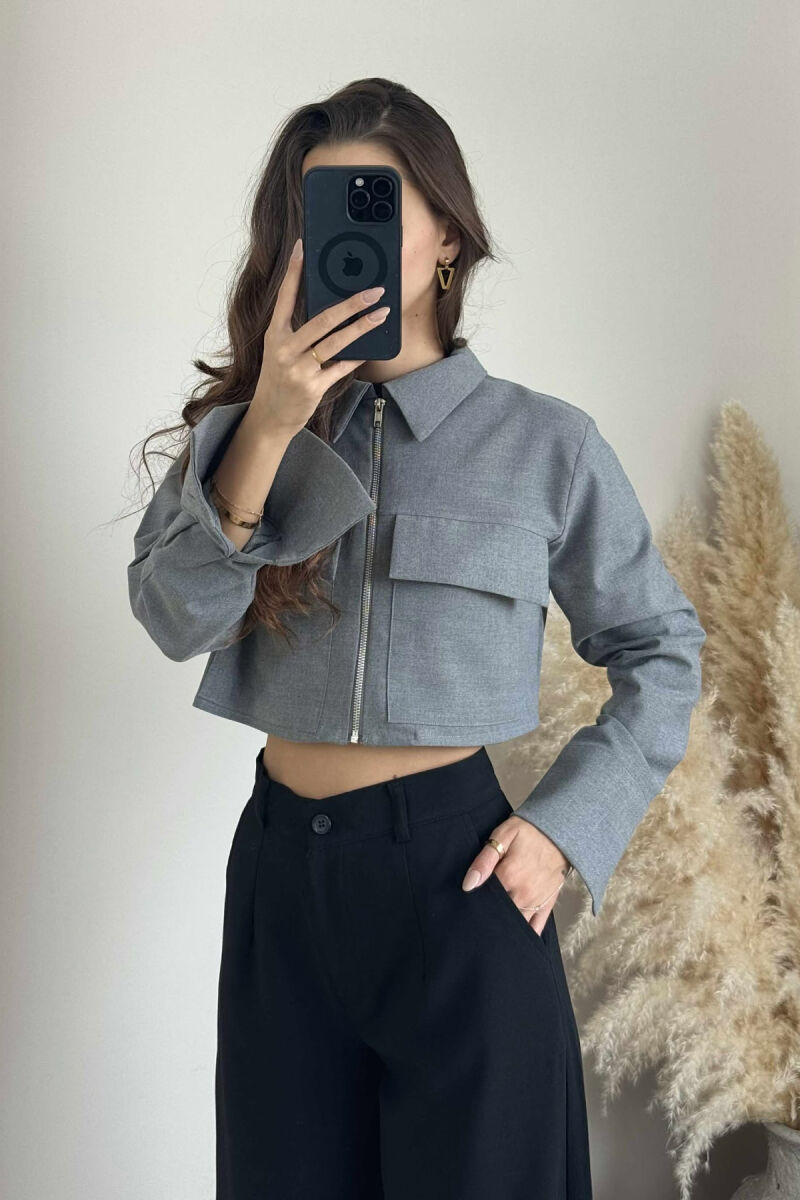 ZIPPER CROPPED ONE COLOR WOMEN JACKET GREY/GRI - 5