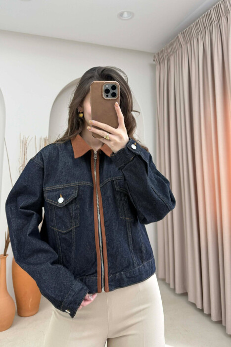 ZIPPER DENIM WOMAN JACKET DARK BLUE/BEE - KLAUDIO FASHION