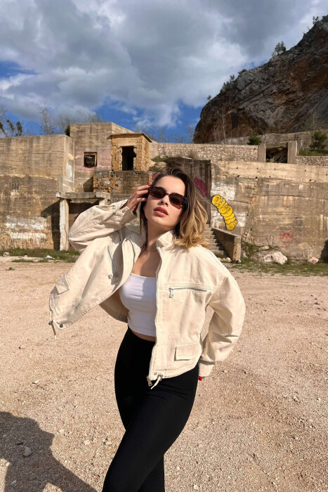 ZIPPER DETAILS DENIM WOMEN JACKET CREAM/KREM - 1