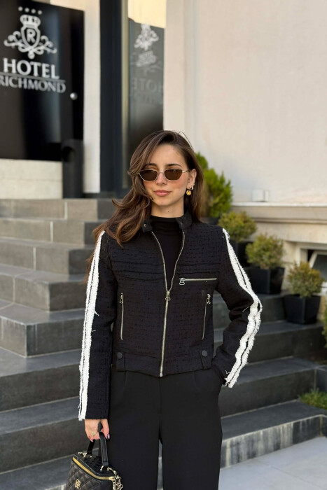 ZIPPER DETAILS ONE COLOR WOMEN JACKET BLACK/ E ZEZE - KLAUDIO FASHION