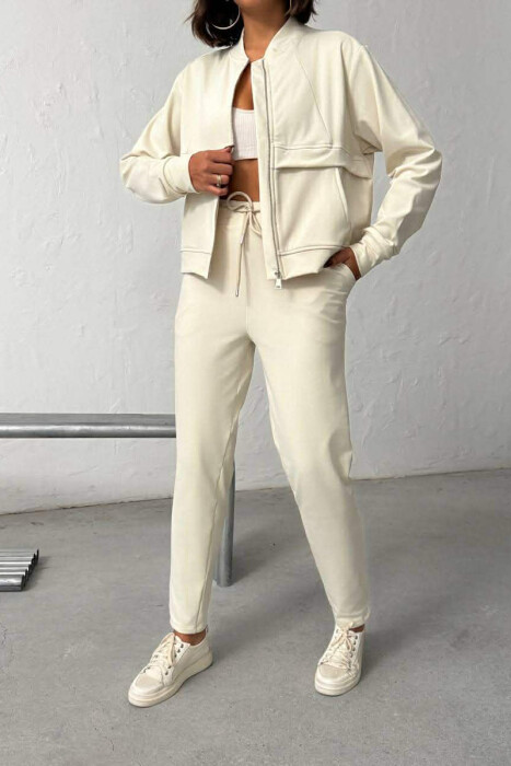 ZIPPER JACKET +SWEATPANTS WOMAN SET CREAM/KREM - KLAUDIO FASHION