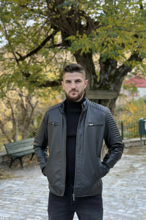 ZIPPER LEATHER BIKER MEN JACKET BLACK/ E ZEZE - KLAUDIO FASHION