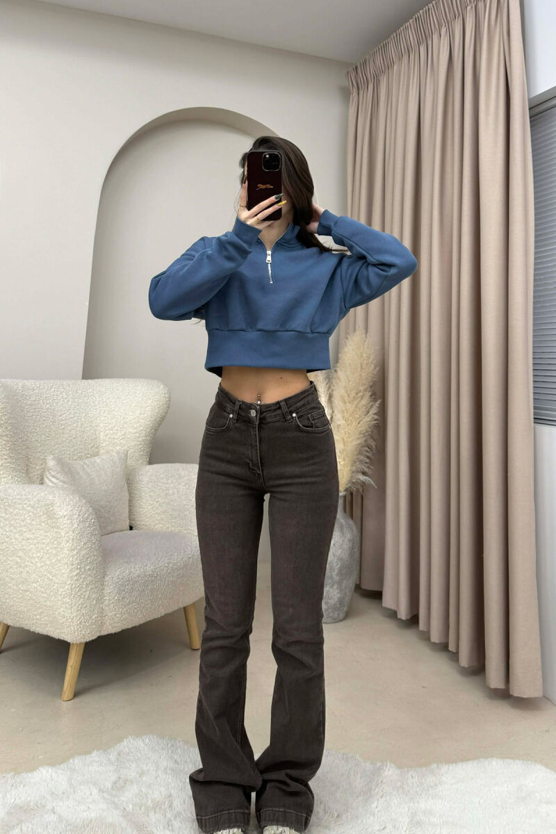 ZIPPER NECK CROPPED FLUFFY WOMEN SWEATSHIRT LIGHTBLUE/BZ - 2