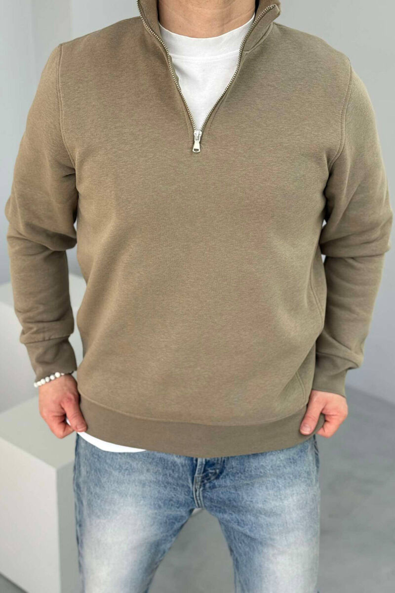 ZIPPER NECK ONE COLOR FLUFFY MEN SWEATSHIRT OLIVE/ULLI - 1
