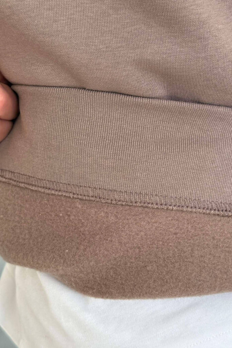 ZIPPER NECK ONE COLOR FLUFFY MEN SWEATSHIRT LIGHT BROWN/KAZB - 2