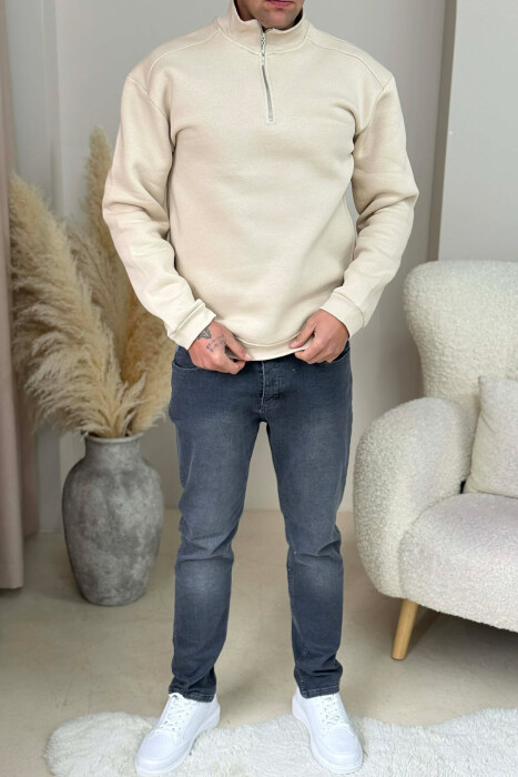 ZIPPER NECK FLUFFY MEN SWEATSHIRT BEIGE/BEZHE - 2