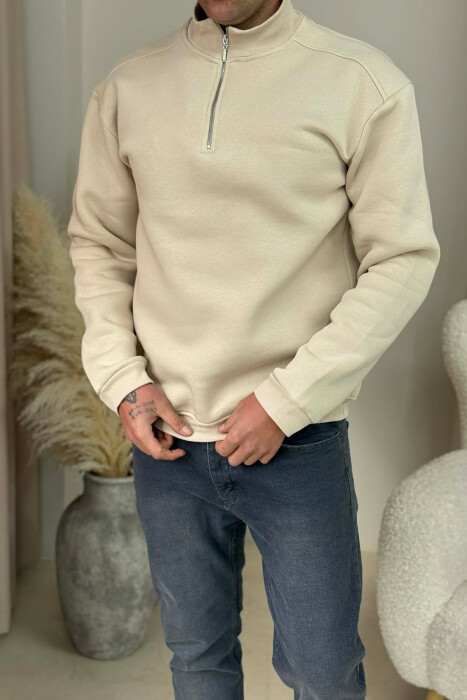 ZIPPER NECK FLUFFY MEN SWEATSHIRT BEIGE/BEZHE - 1