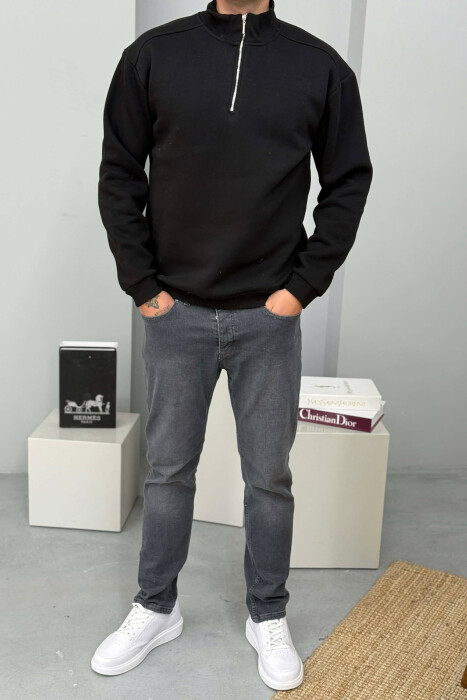 ZIPPER NECK FLUFFY MEN SWEATSHIRT BLACK/ E ZEZE - 2