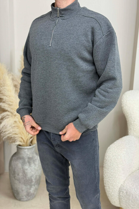 ZIPPER NECK FLUFFY MEN SWEATSHIRT DARK GREY/GEE 
