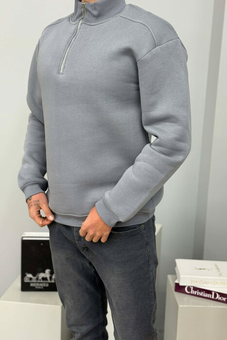 ZIPPER NECK FLUFFY MEN SWEATSHIRT GREY/GRI 