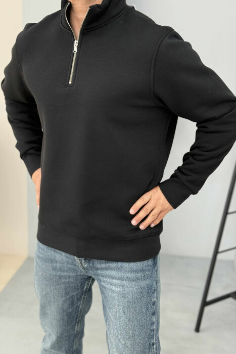 ZIPPER NECK ONE COLOR FLUFFY MEN SWEATSHIRT BLACK/ E ZEZE - KLAUDIO FASHION