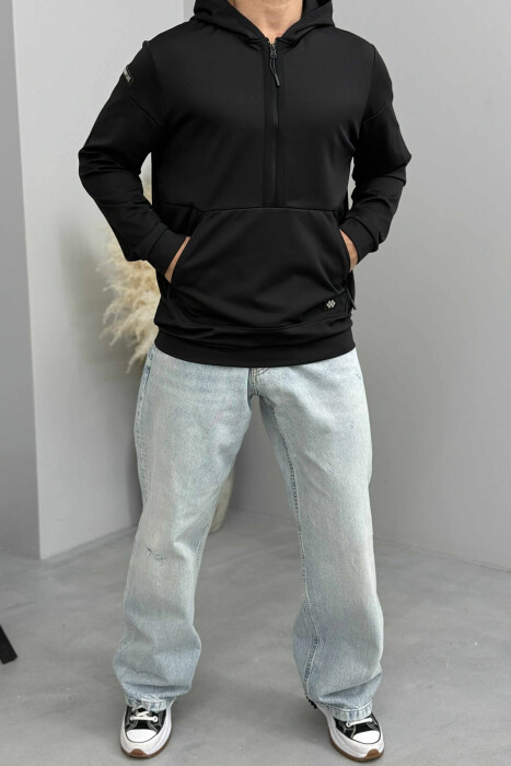 ZIPPER NECK ONE COLOR MEN HOODIE BLACK/ E ZEZE - 2