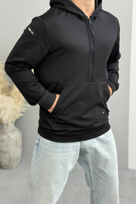 ZIPPER NECK ONE COLOR MEN HOODIE BLACK/ E ZEZE - 4