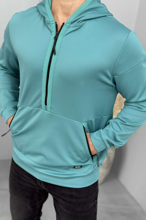 ZIPPER NECK ONE COLOR MEN HOODIE BLUE STONE/GK - KLAUDIO FASHION