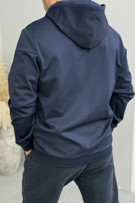 ZIPPER NECK ONE COLOR MEN HOODIE DARK BLUE/BEE - 3
