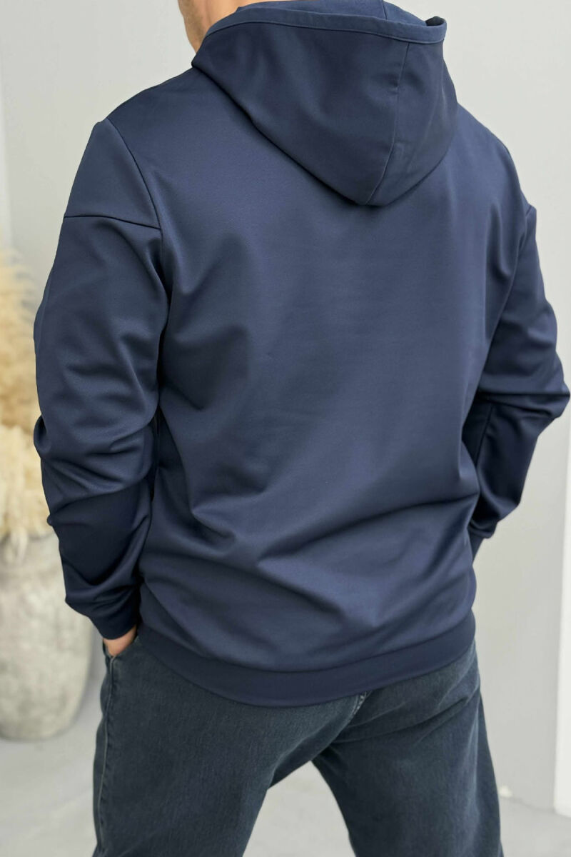 ZIPPER NECK ONE COLOR MEN HOODIE DARK BLUE/BEE - 3
