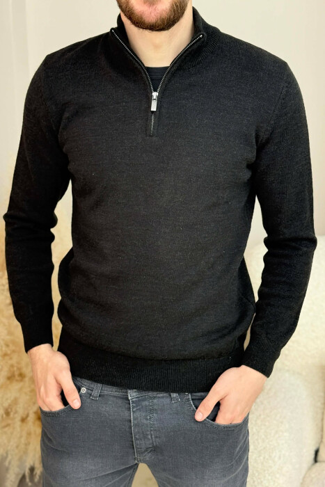 ZIPPER NECK ONE COLOR MEN SWEATER BLACK/ E ZEZE - 4