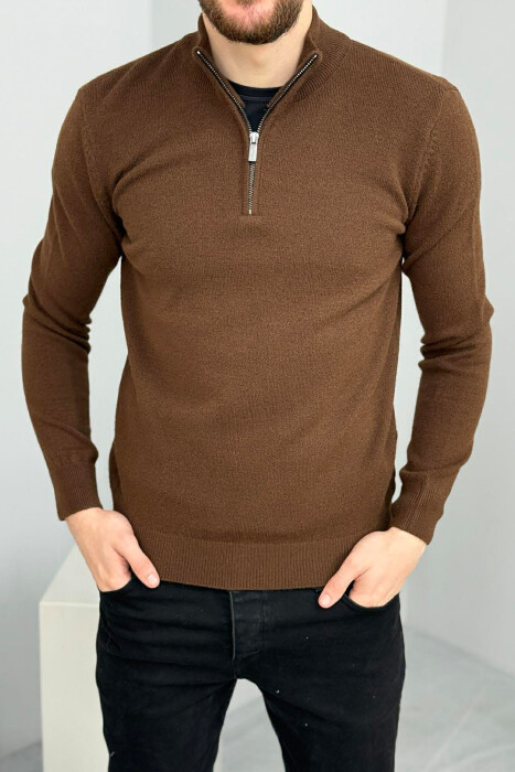 ZIPPER NECK ONE COLOR MEN SWEATER BROWN/KAFE - KLAUDIO FASHION