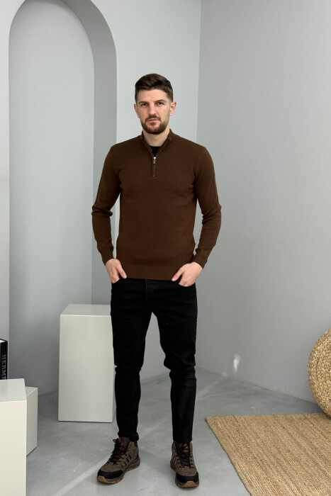 ZIPPER NECK ONE COLOR MEN SWEATER BROWN/KAFE - 2