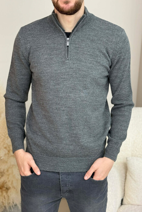 ZIPPER NECK ONE COLOR MEN SWEATER DARK GREY/GEE - 1