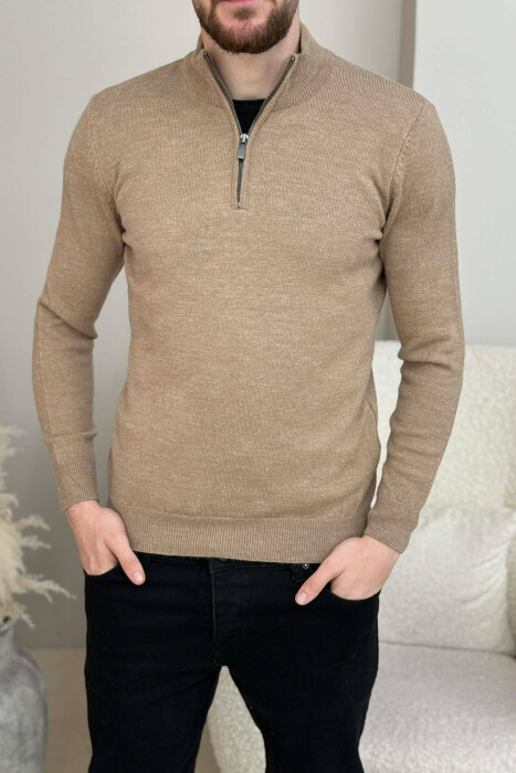 ZIPPER NECK ONE COLOR MEN SWEATER LIGHT BROWN/KAZB 