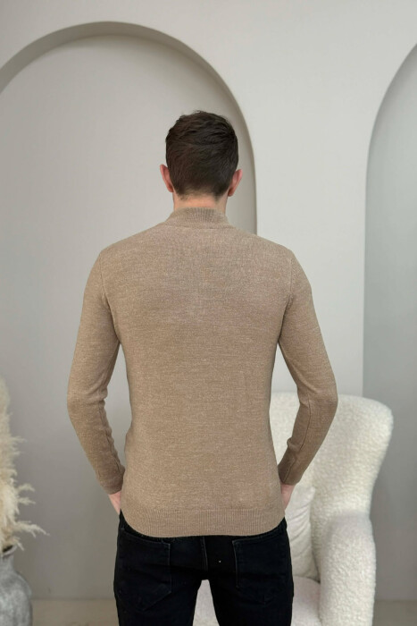 ZIPPER NECK ONE COLOR MEN SWEATER LIGHT BROWN/KAZB - 4