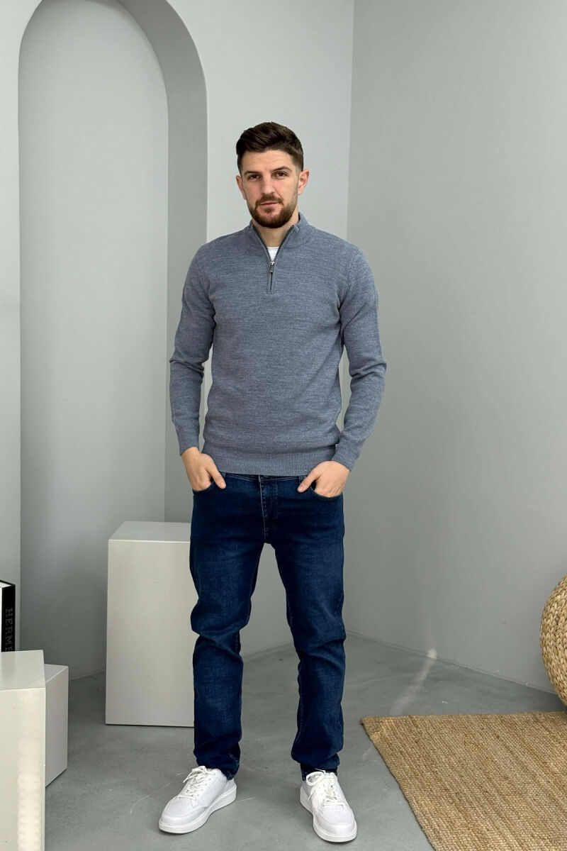 ZIPPER NECK ONE COLOR MEN SWEATER LIGHTBLUE/BZ - 1