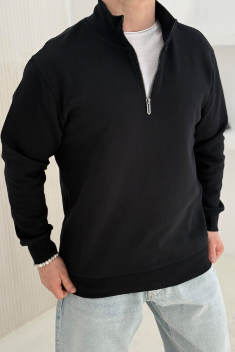 ZIPPER NECK ONE COLOR MEN SWEATSHIRT BLACK/ E ZEZE - 1