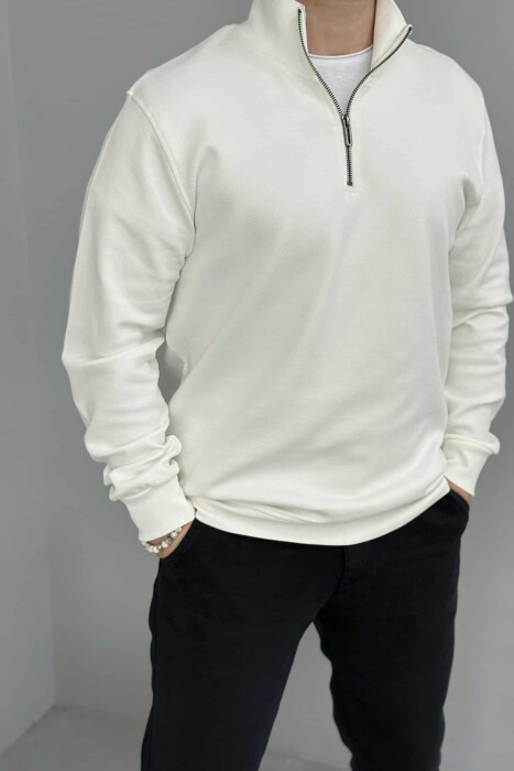 ZIPPER NECK ONE COLOR MEN SWEATSHIRT WHITE-E BARDHE - 1