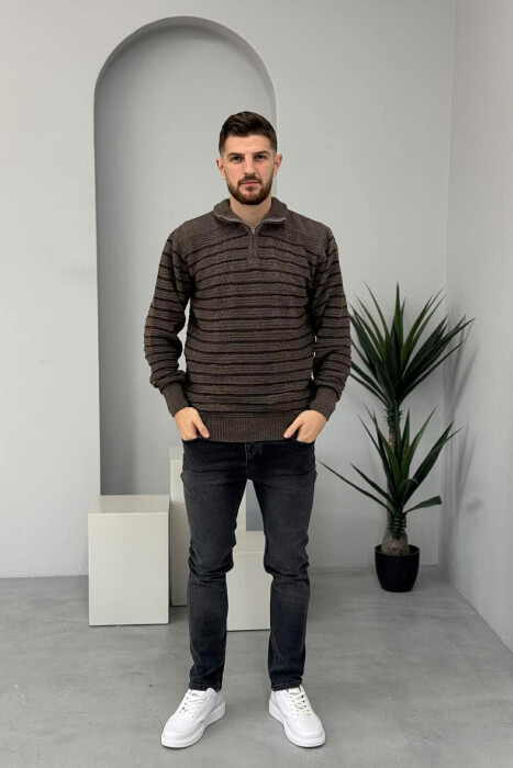 ZIPPER NECK SIMPLE MEN SWEATER BROWN/KAFE 