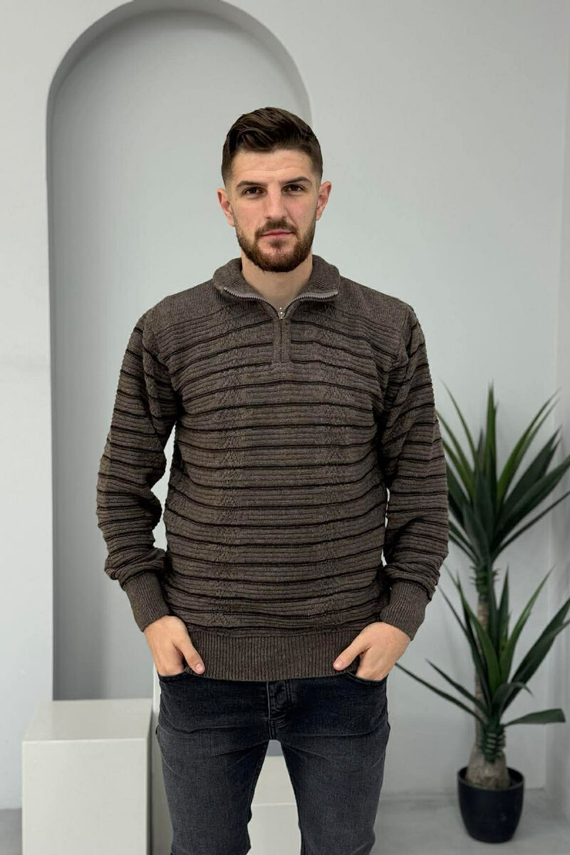 ZIPPER NECK SIMPLE MEN SWEATER BROWN/KAFE - 2