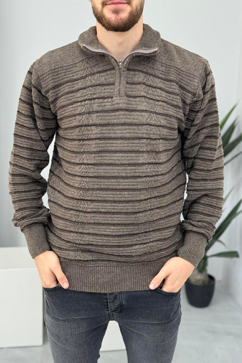 ZIPPER NECK SIMPLE MEN SWEATER BROWN/KAFE - 3