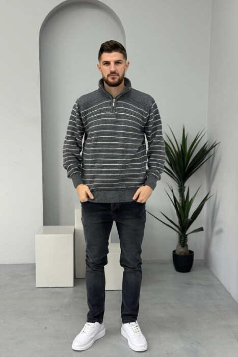 ZIPPER NECK SIMPLE MEN SWEATER DARK GREY/GEE 