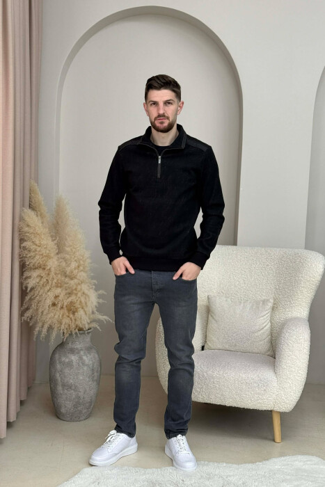 ZIPPER NECK SIMPLE MEN SWEATSHIRT BLACK-BROWN/ZEKA 