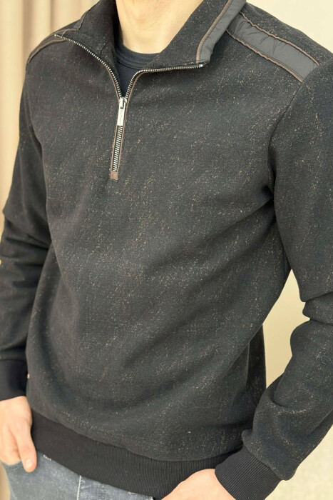 ZIPPER NECK SIMPLE MEN SWEATSHIRT BLACK-BROWN/ZEKA - 3