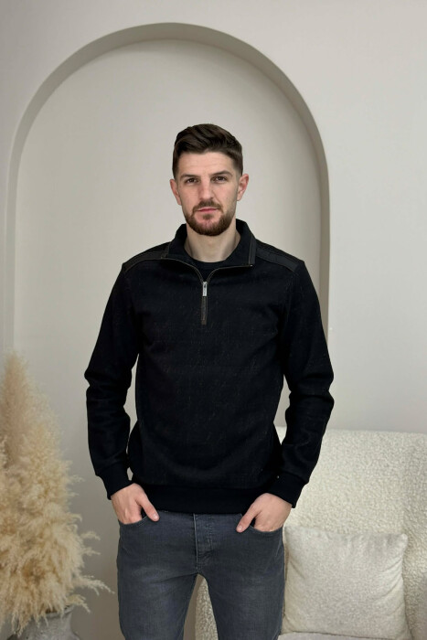 ZIPPER NECK SIMPLE MEN SWEATSHIRT BLACK-BROWN/ZEKA - 4