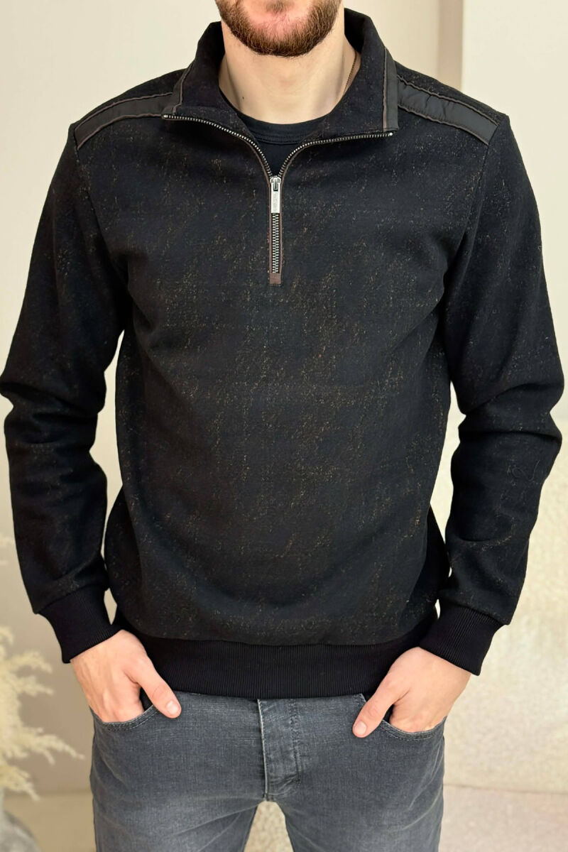 ZIPPER NECK SIMPLE MEN SWEATSHIRT BLACK-BROWN/ZEKA - 5