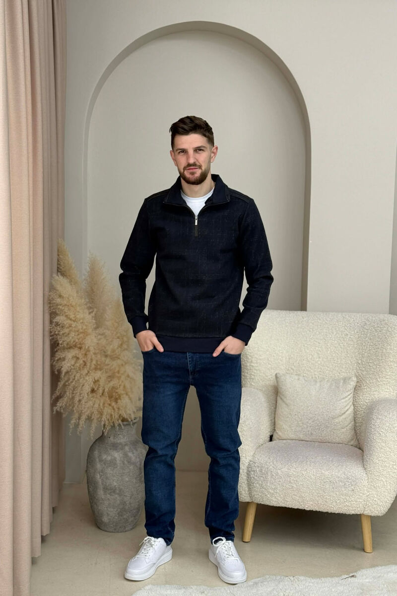 ZIPPER NECK SIMPLE MEN SWEATSHIRT BLUE+GREY/ BLU+GRI - 1