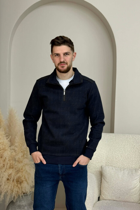 ZIPPER NECK SIMPLE MEN SWEATSHIRT BLUE+GREY/ BLU+GRI - 2