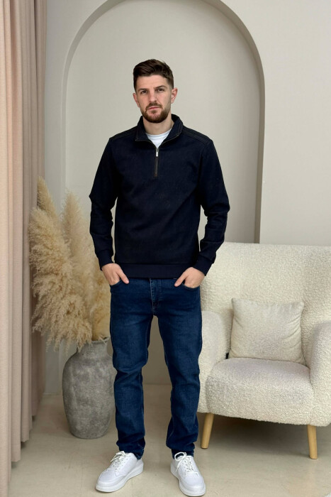 ZIPPER NECK SIMPLE MEN SWEATSHIRT DARK BLUE/BEE - 1