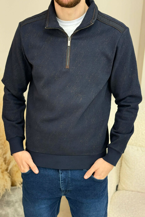 ZIPPER NECK SIMPLE MEN SWEATSHIRT DARK BLUE/BEE - 2