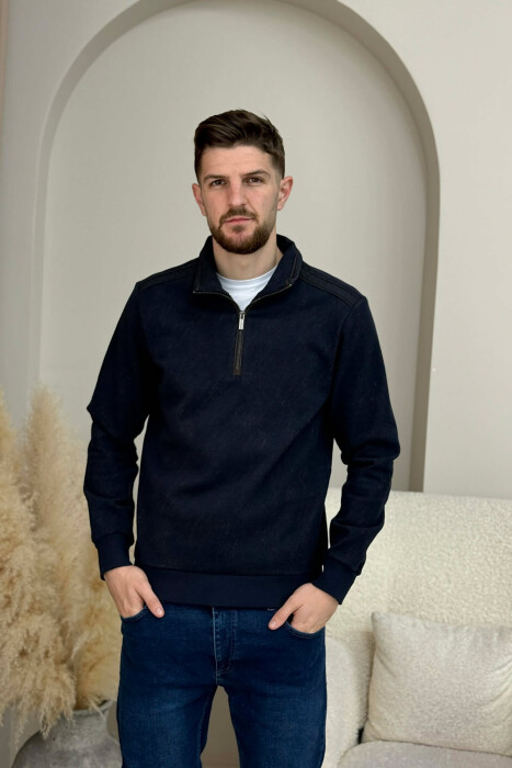 ZIPPER NECK SIMPLE MEN SWEATSHIRT DARK BLUE/BEE - 3