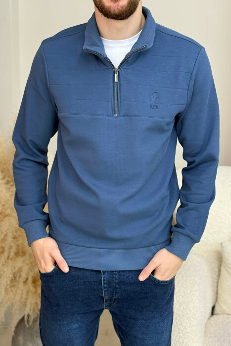 ZIPPER NECK SMALL LOGO MEN SWEATSHIRT BLUE/BLU - KLAUDIO FASHION