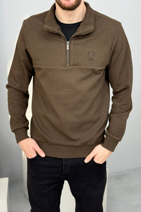 ZIPPER NECK SMALL LOGO MEN SWEATSHIRT BROWN/KAFE - KLAUDIO FASHION